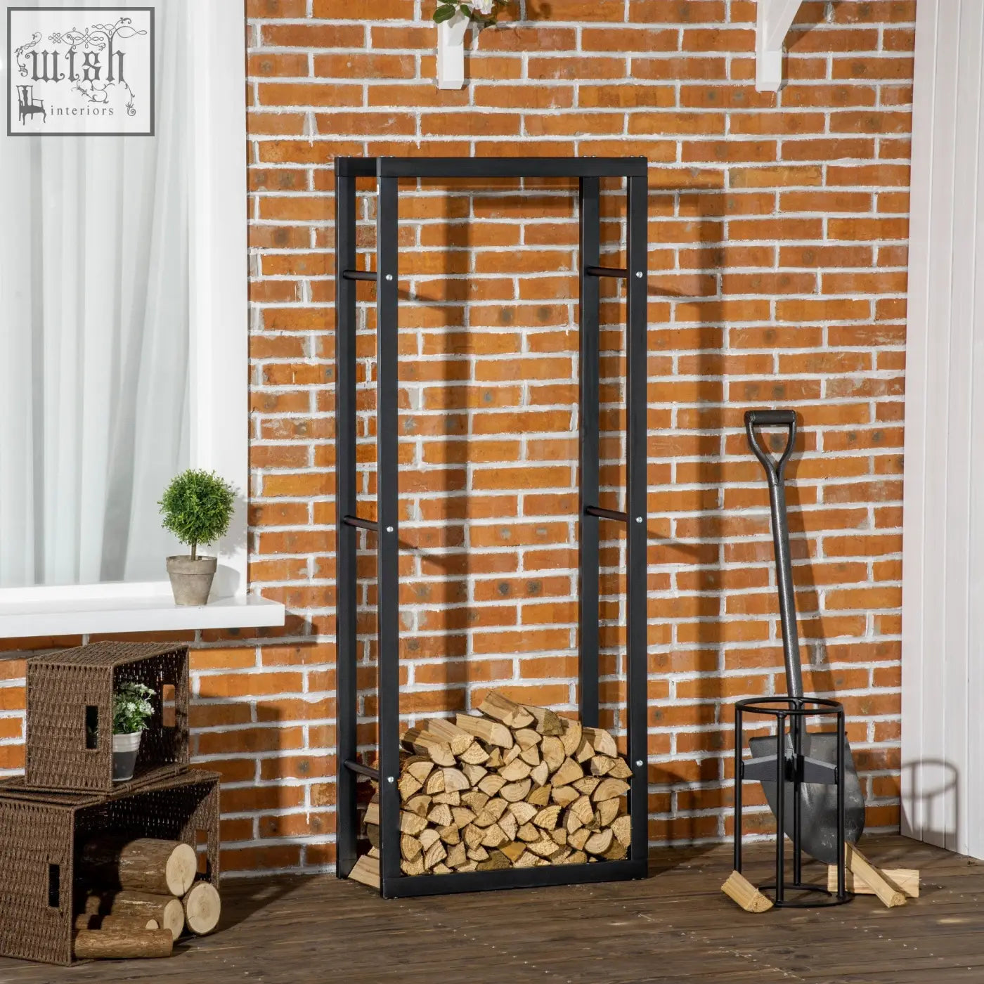 Black metal firewood log holder with multiple shelves neatly stacked logs design allows easy wood storage indoor outdoor use