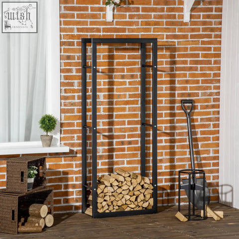 Black metal firewood log holder with multiple shelves neatly stacked logs design allows easy wood storage indoor outdoor use
