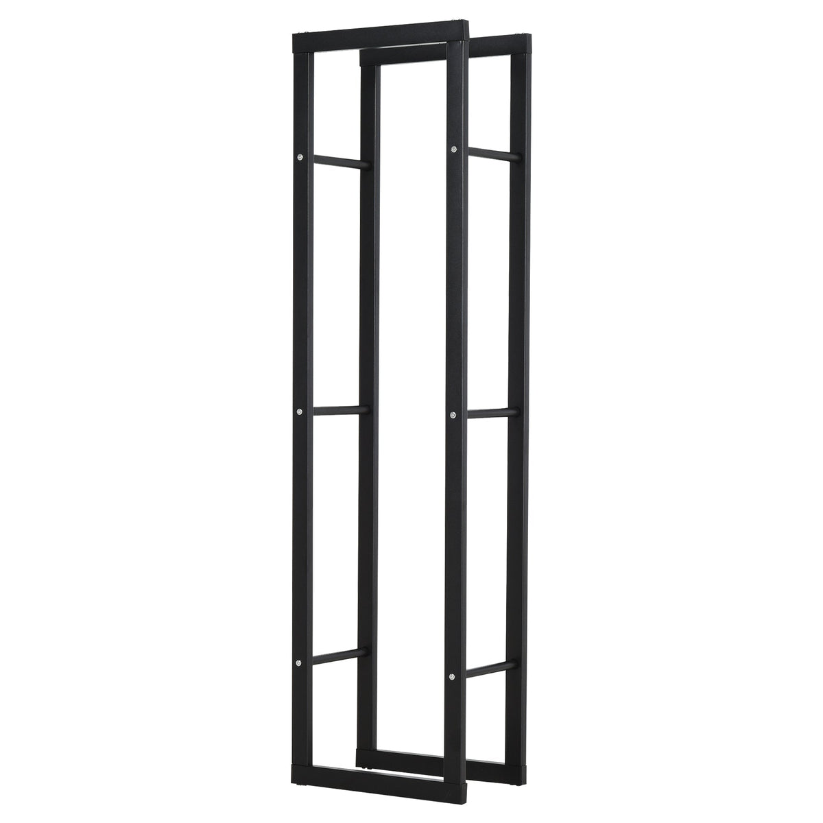 Black metal-framed tall mirror with minimalist modern design in front of homcom metal firewood log holder for wood storage