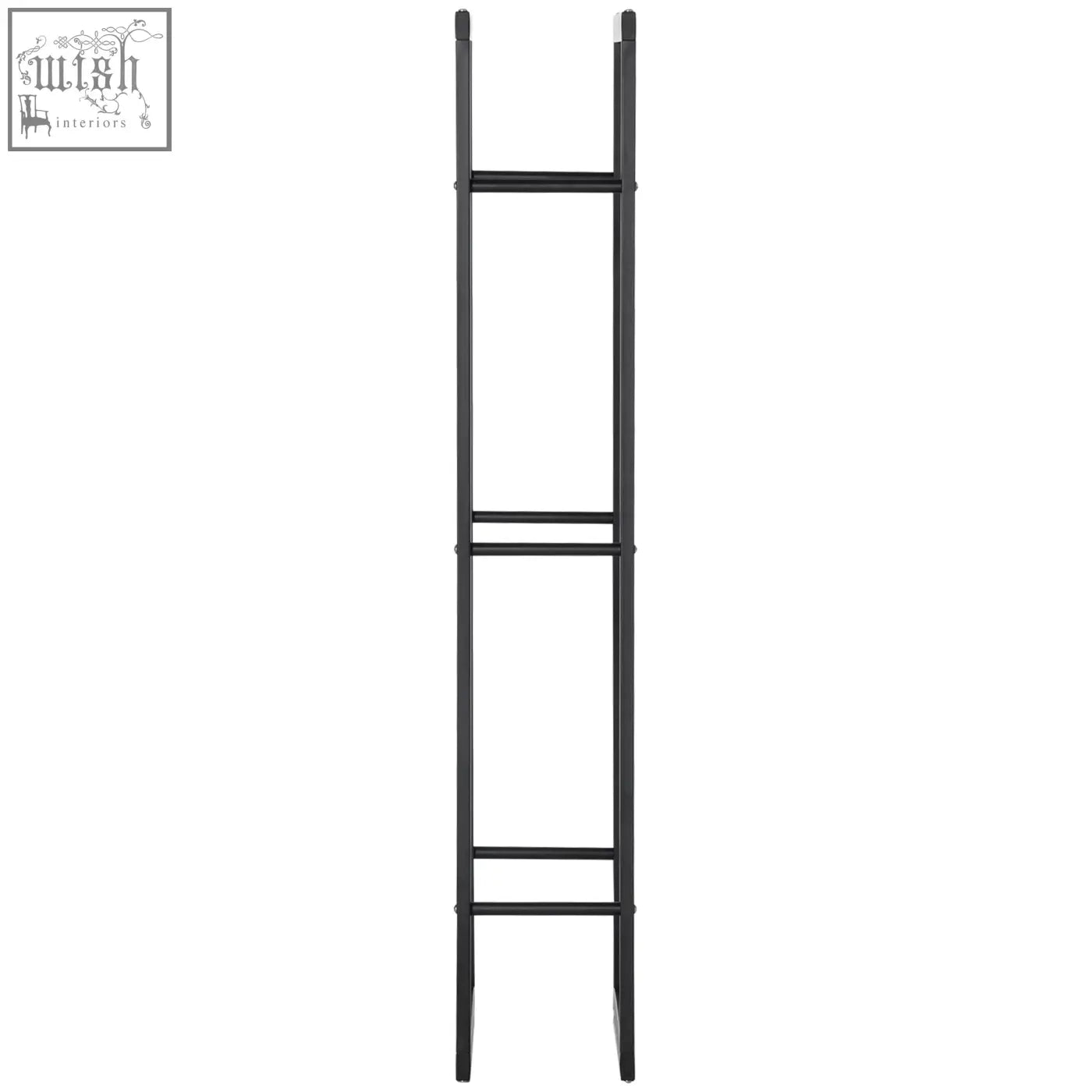 Black metal ladder log holder with four rungs and sleek minimalist design allows efficient wood storage indoors outdoors