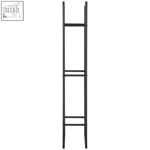 Black metal ladder log holder with four rungs and sleek minimalist design allows efficient wood storage indoors outdoors