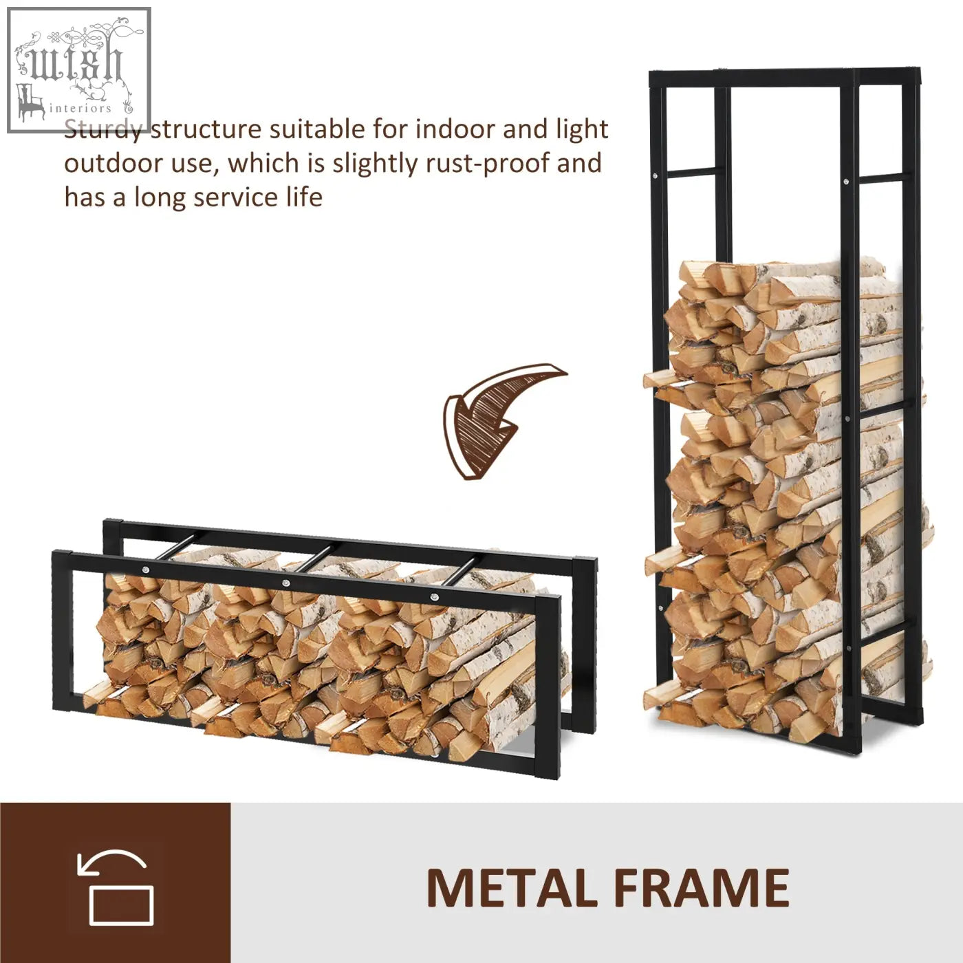 Black metal firewood log holder with sturdy rust-proof frame design allows wood storage indoor or light outdoor use