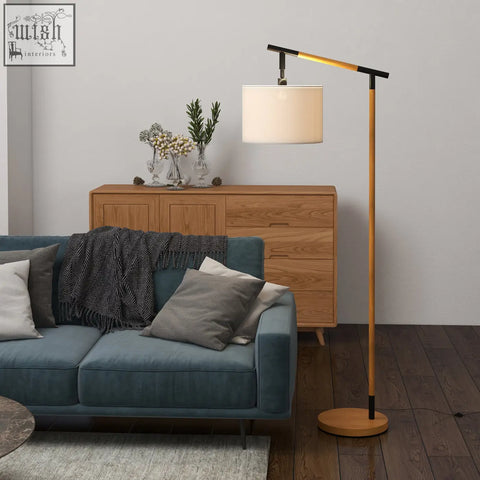 Modern homcom floor lamp with slender wooden pole black metal accents off-white shade and led bulb included