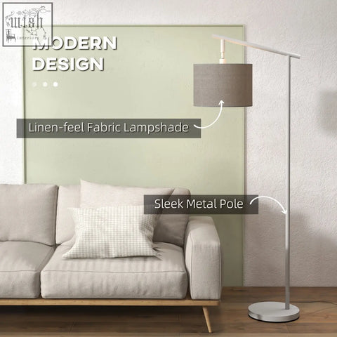 Modern grey homcom metal frame floor lamp with linen fabric shade 350° rotating lampshade led bulb included