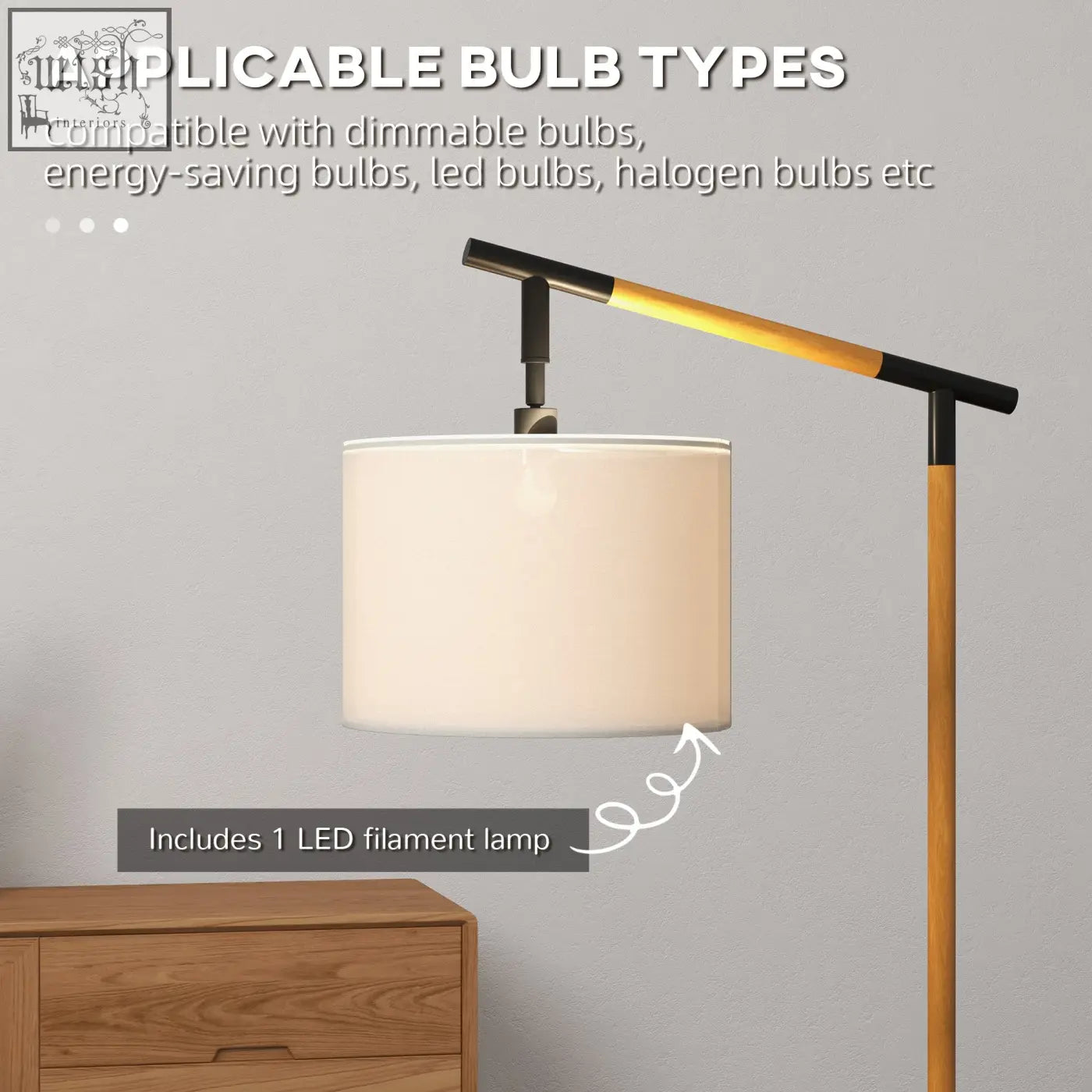 Modern homcom floor lamp with off-white fabric shade, wooden pole, black metal joints, led bulb included for living room