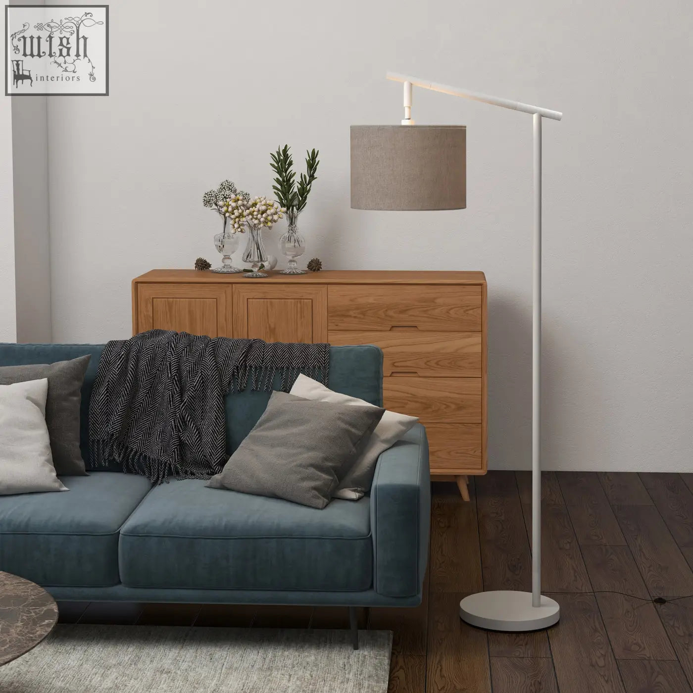 Modern white metal frame floor lamp with beige fabric shade and led bulb included for living room and bedroom use