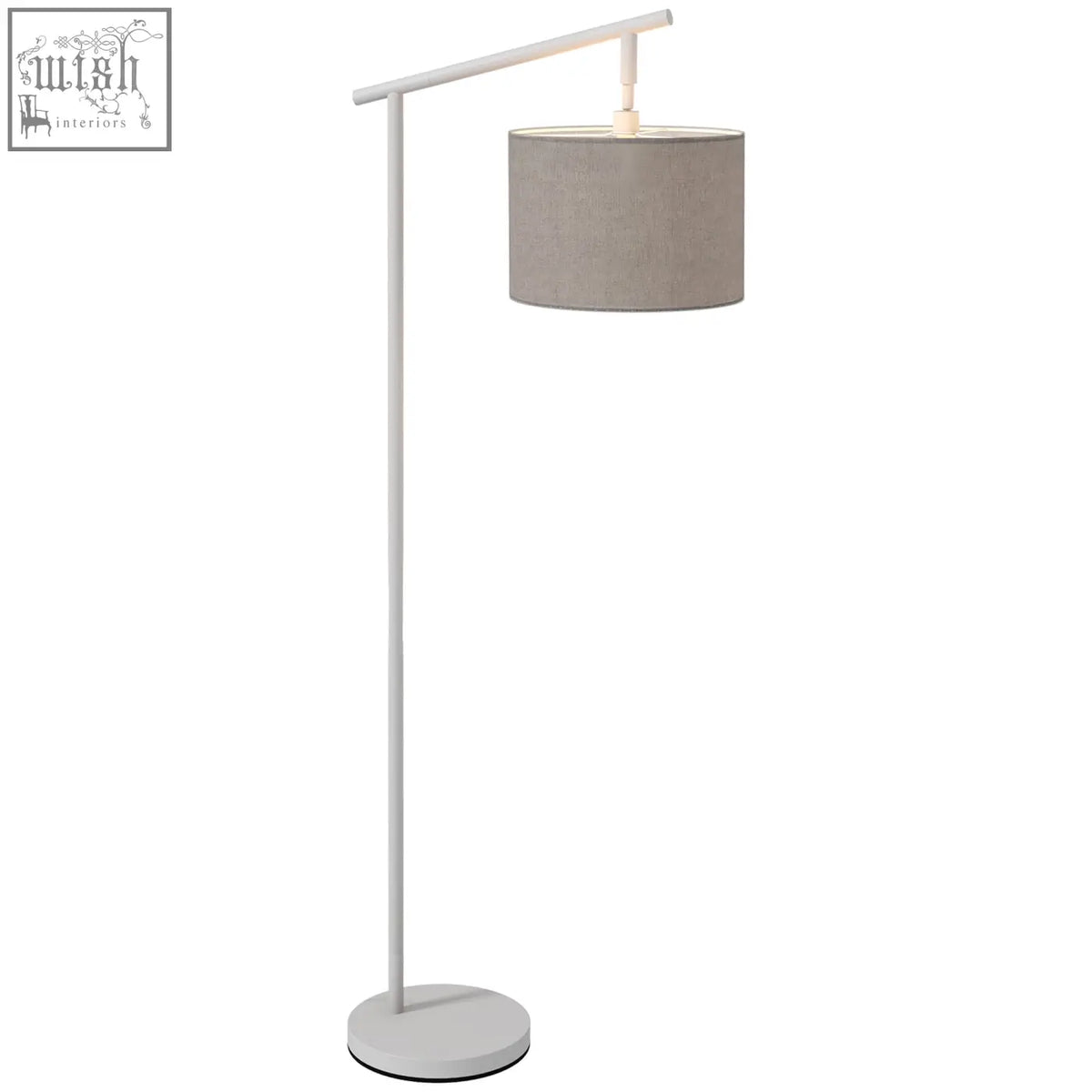 Modern white floor lamp with gray fabric shade and metal frame for living room with led bulb included