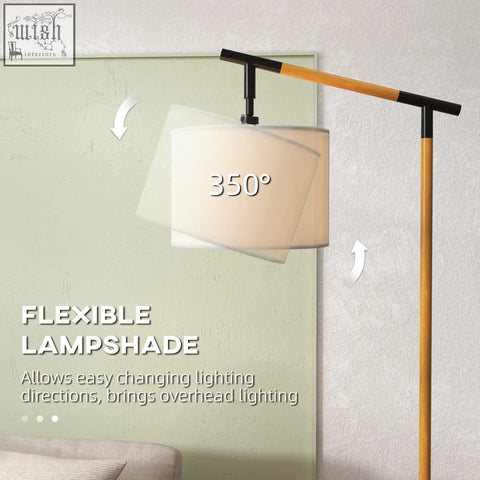 Beige flexible lampshade with 350-degree rotation on homcom metal floor lamp with black wood arms led bulb included