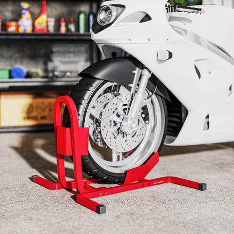 Red metal HOMCOM wheel chock made of steel with extra strength and pre-drilled holes holding a white sport bike front wheel