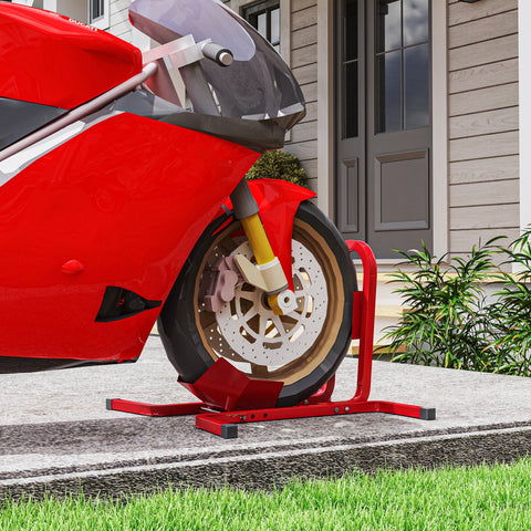 Red metal steel wheel chock with extra strength and pre-drilled holes supporting ducati sportbike front wheel