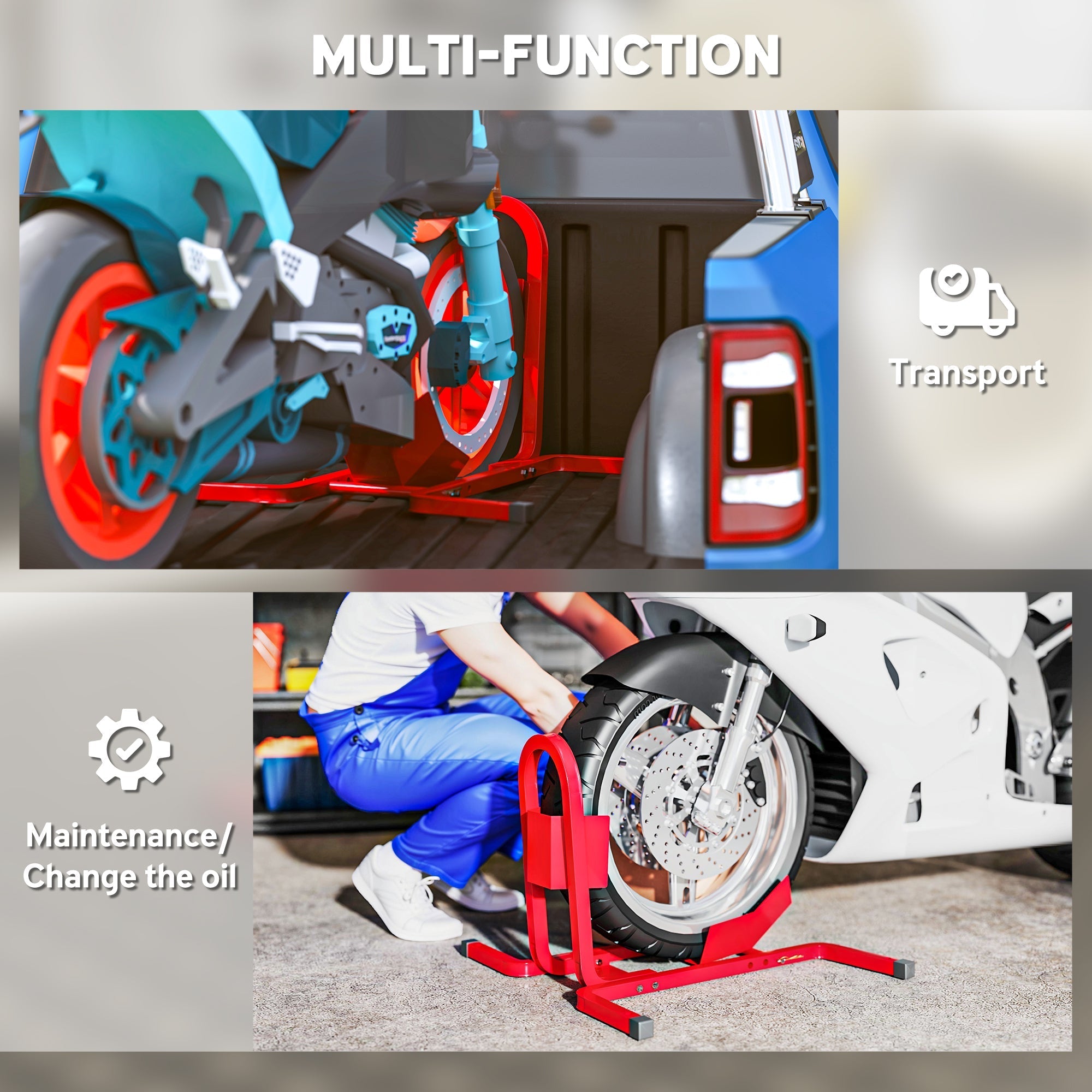 Red metal homcom wheel chock with extra strength, adjustable legs, pre-drilled holes for motorcycle maintenance