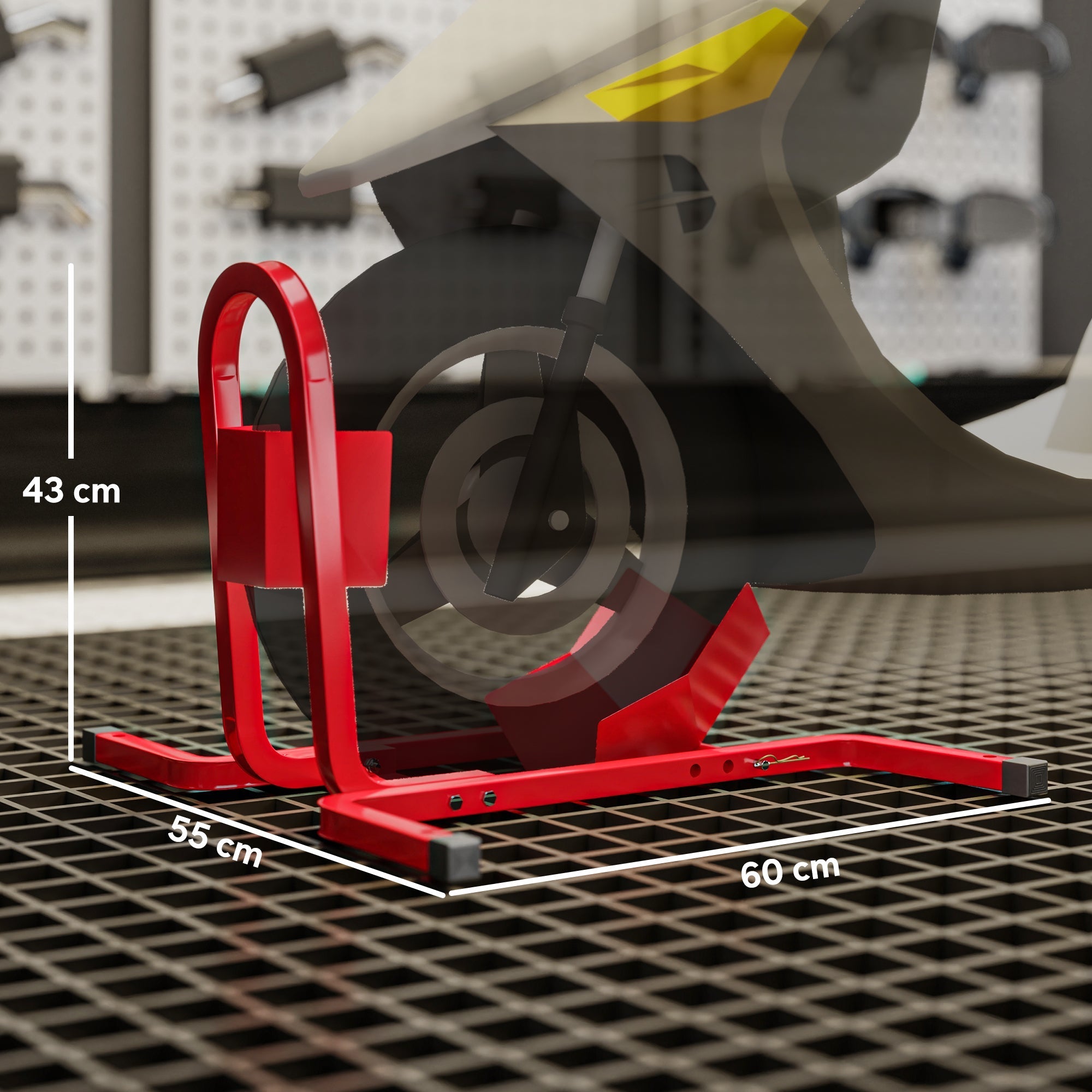 Red metal HOMCOM wheel chock with extra strength steel u-shaped frame and adjustable feet with pre-drilled holes