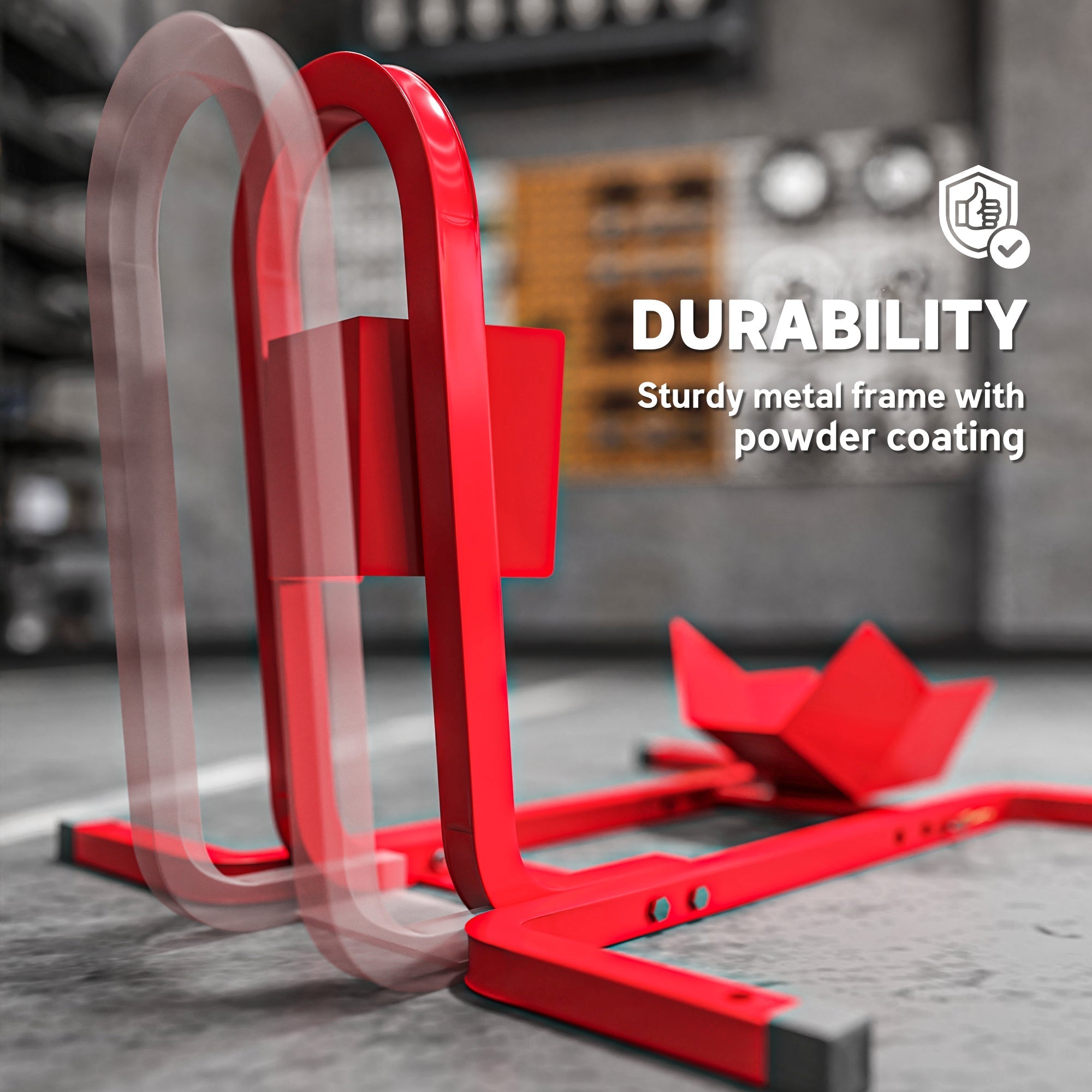 Red powder-coated metal wheel chock with extra strength, sturdy frame, and pre-drilled holes for easy mounting