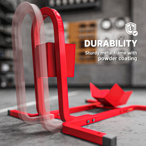 Red powder-coated metal wheel chock with extra strength, sturdy frame, and pre-drilled holes for easy mounting