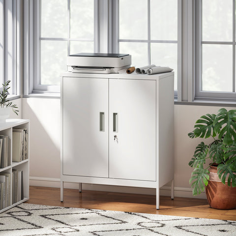 White homcom metal storage cabinet with two doors silver handles lock and adjustable shelves for home office use