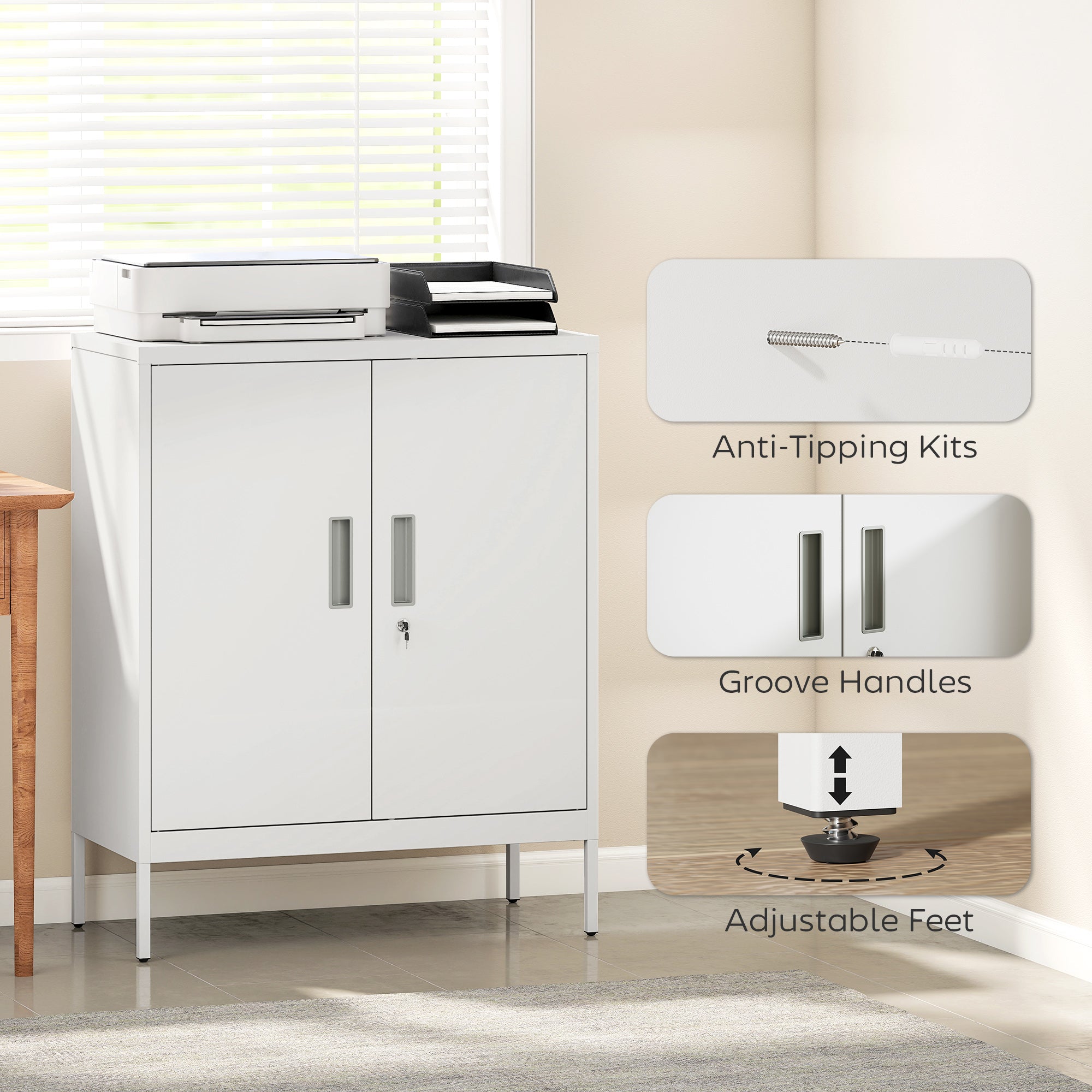 White metal storage cabinet with two doors silver handles lock and adjustable feet perfect for home office use