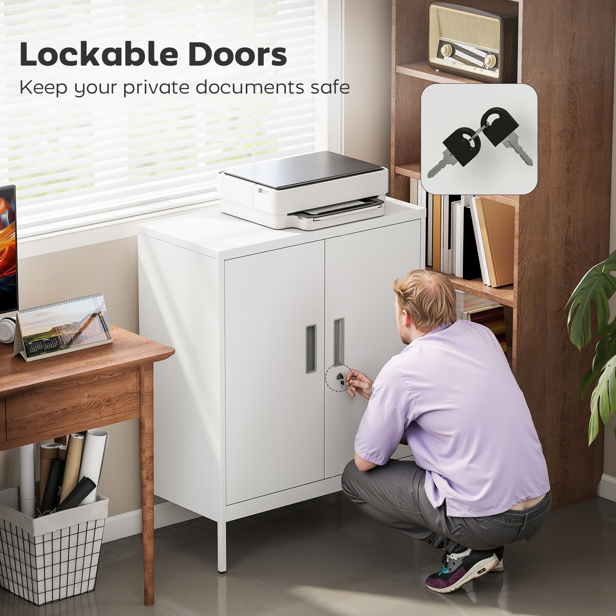 White homcom metal storage cabinet with lockable doors and silver handles for home office organization