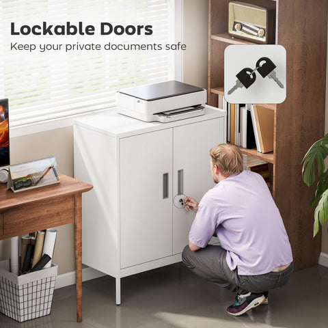 White homcom metal storage cabinet with lockable doors and silver handles for home office organization