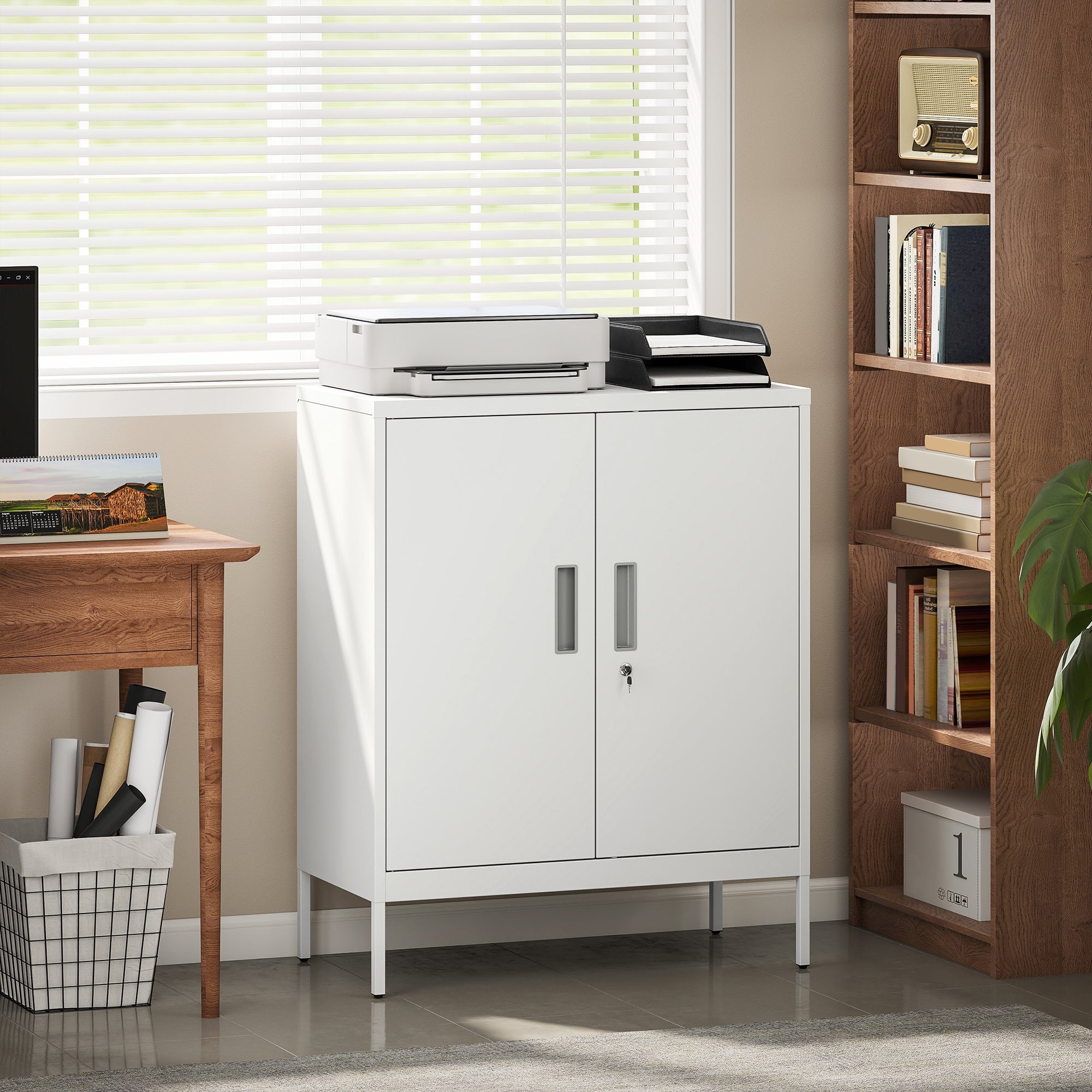 White metal storage cabinet with two doors silver handles lock ideal for home office metal storage organization