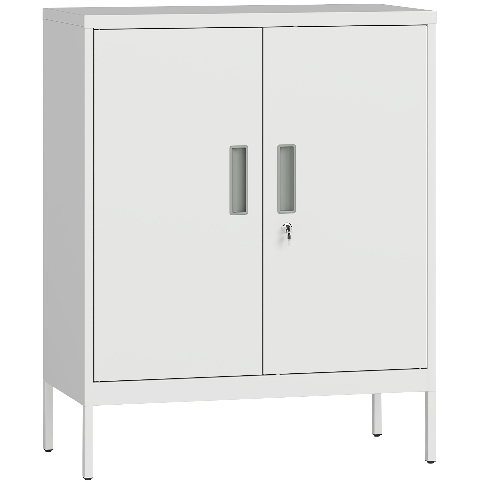 White metal two-door metal storage cabinet with lock and vertical handles perfect for home office storage