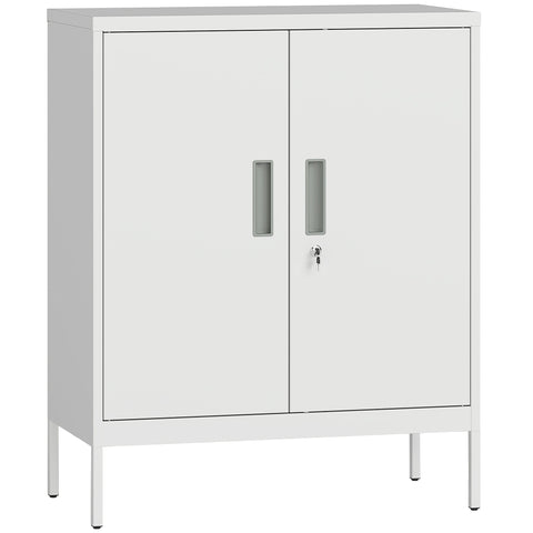 White metal two-door metal storage cabinet with lock and vertical handles perfect for home office storage