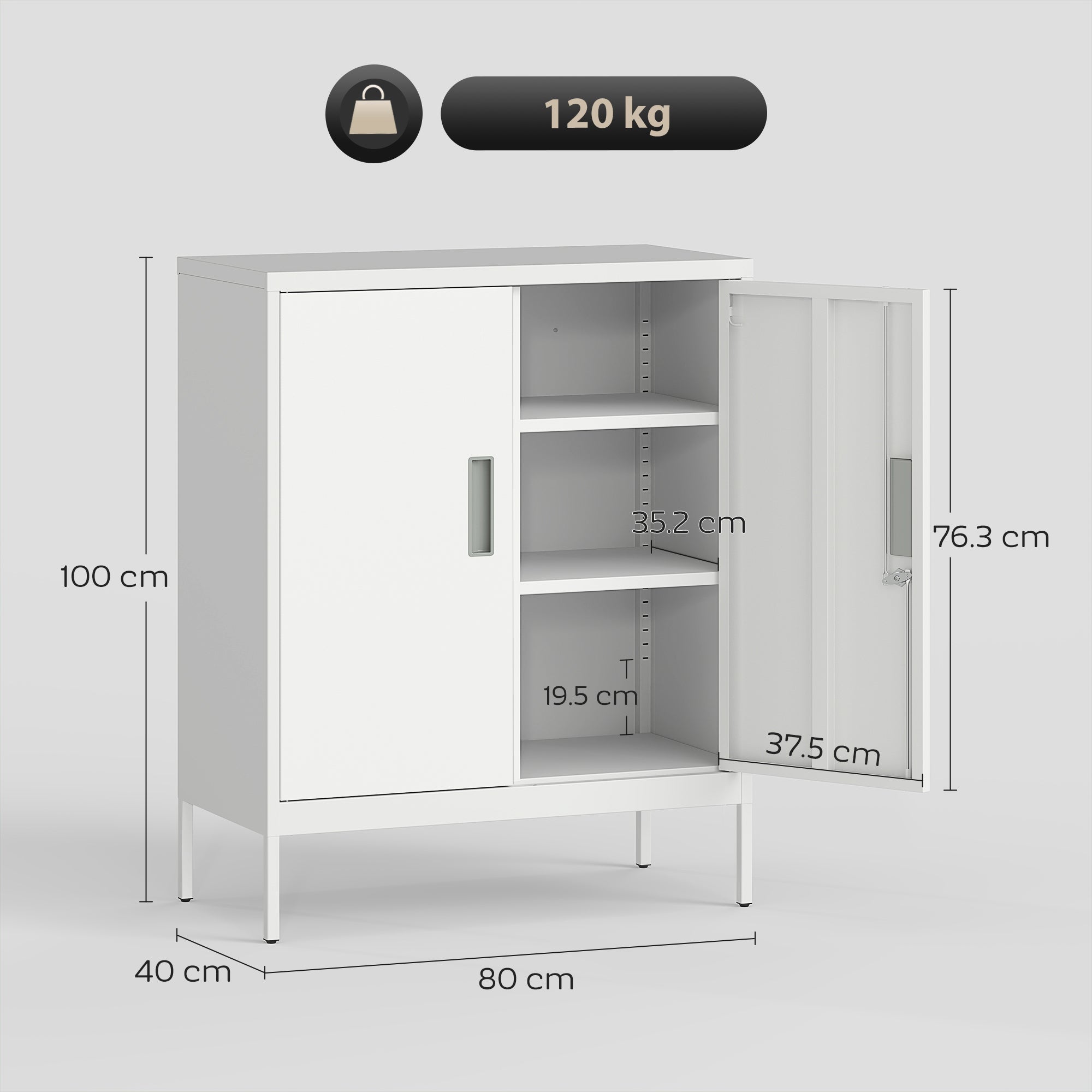 White metal storage cabinet with two sliding doors and adjustable shelves perfect for home office metal storage