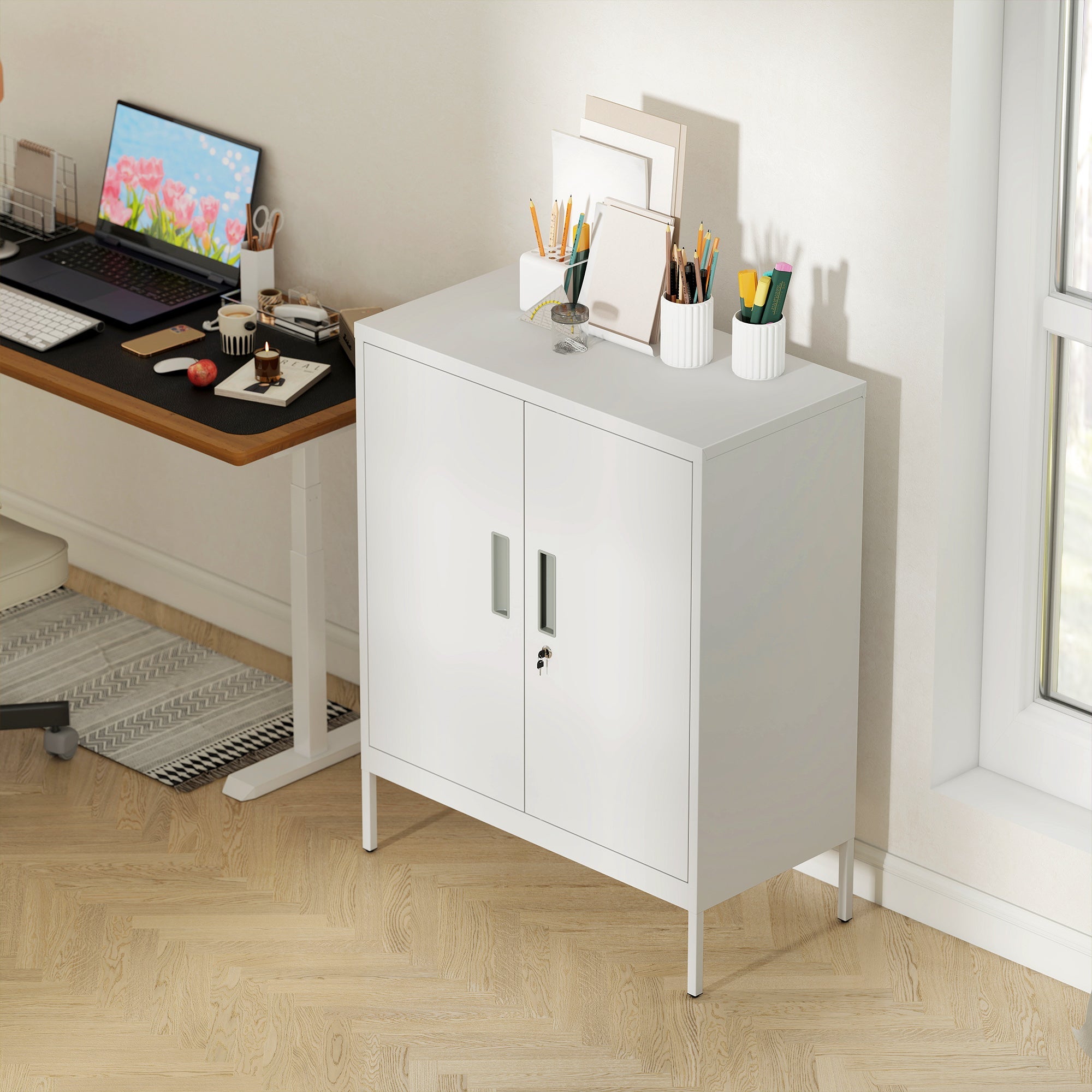 White homcom metal storage cabinet with two doors silver handles keyhole lock and adjustable shelves for home office storage