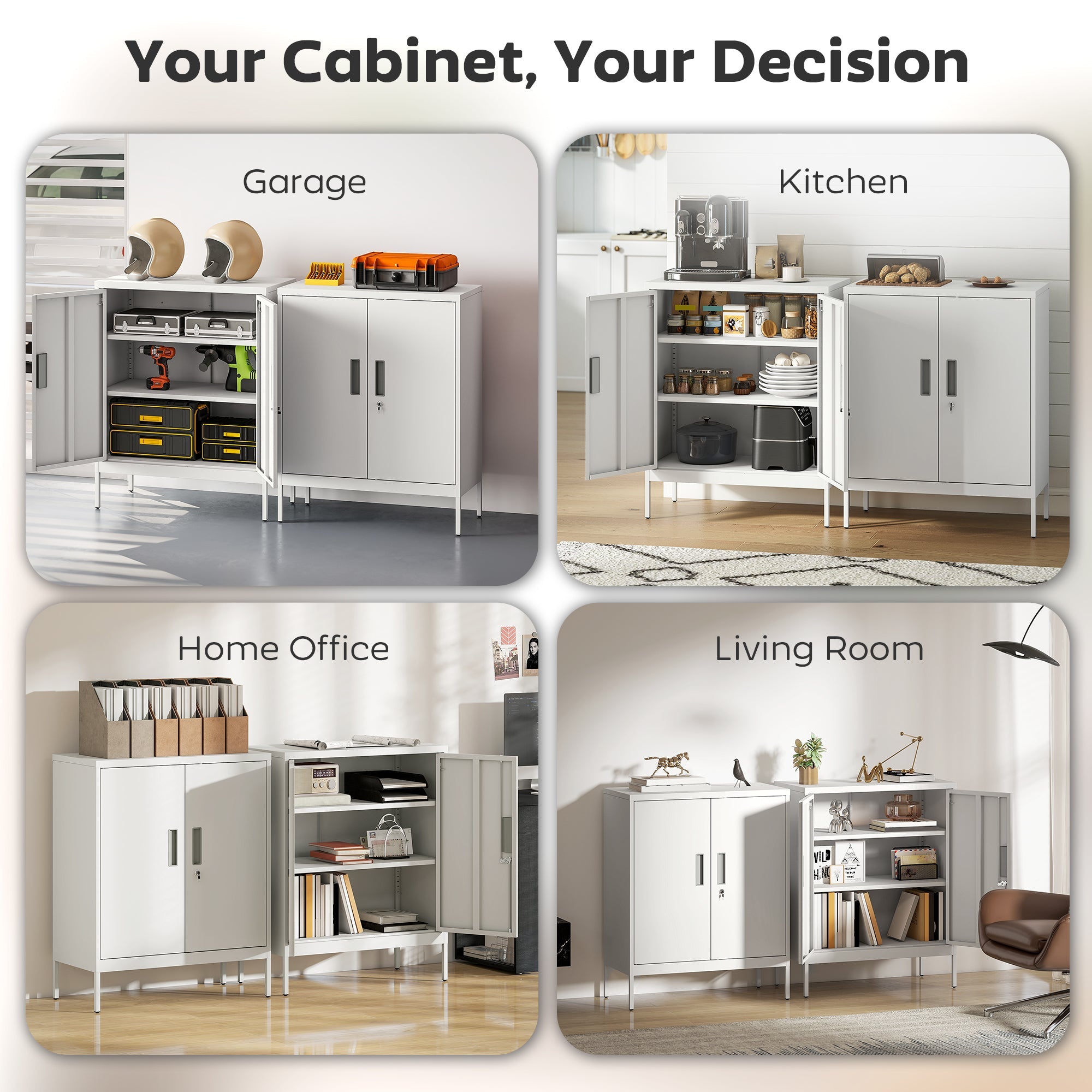 White homcom metal storage cabinet with two doors silver handles lock and adjustable shelves for home office use