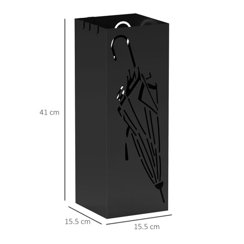 Black metal HOMCOM umbrella stand with open umbrella cut-out design and removable drip tray for umbrella storage