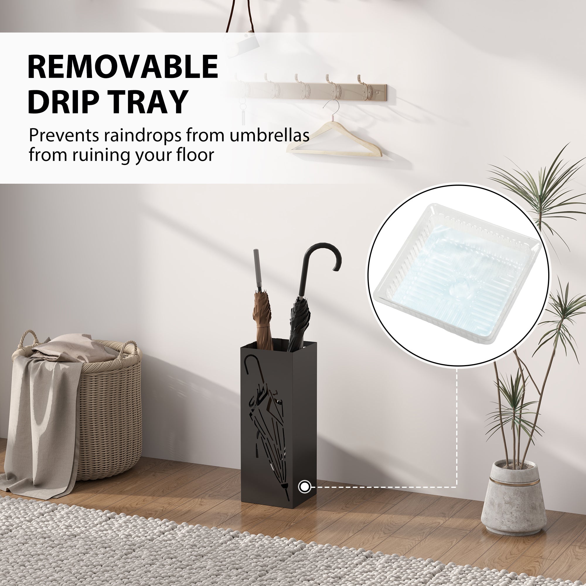 Black metal HOMCOM umbrella stand with cutout design holds two umbrellas and features a removable drip tray for storage