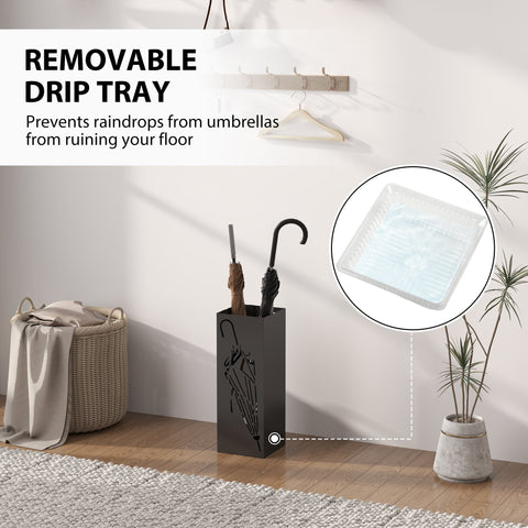 Black metal HOMCOM umbrella stand with cutout design holds two umbrellas and features a removable drip tray for storage
