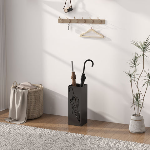 Black metal homcom umbrella stand with cutout design two closed umbrellas and removable drip tray for umbrella storage
