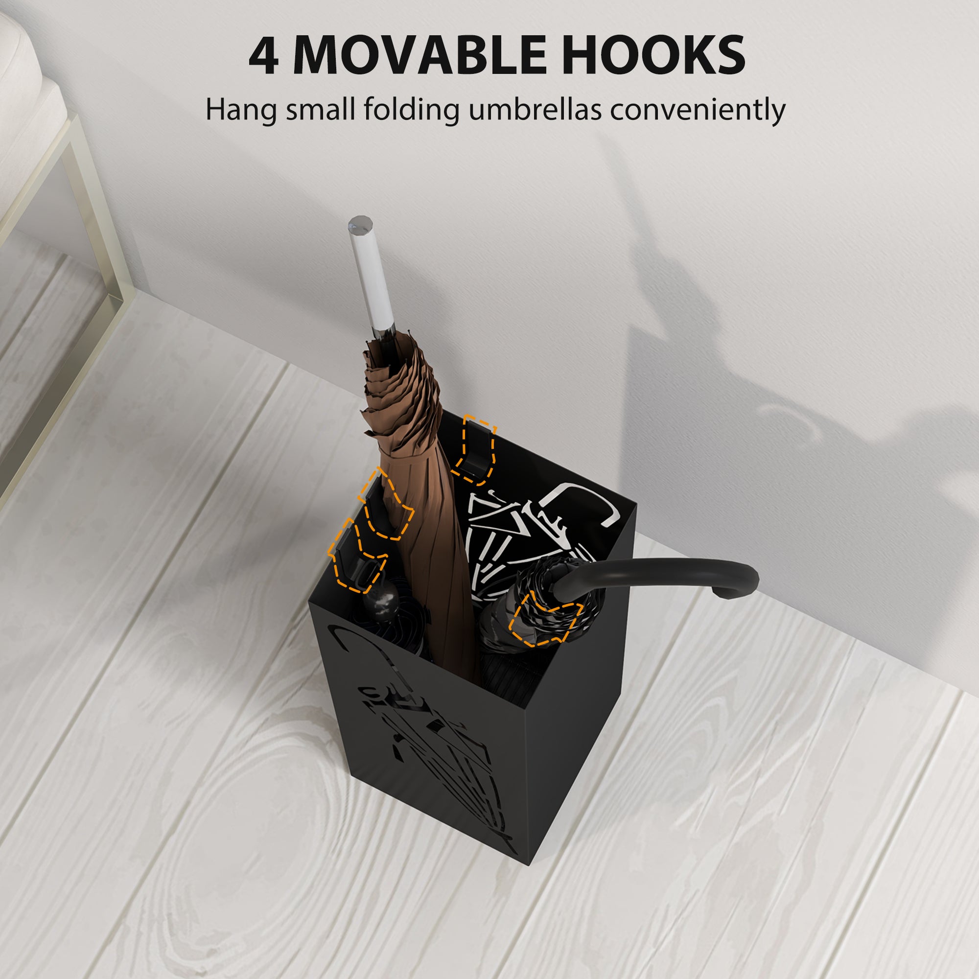 Black homcom metal umbrella stand with four movable hooks and removable drip tray for umbrella storage