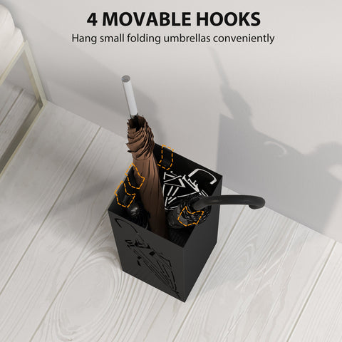 Black homcom metal umbrella stand with four movable hooks and removable drip tray for umbrella storage