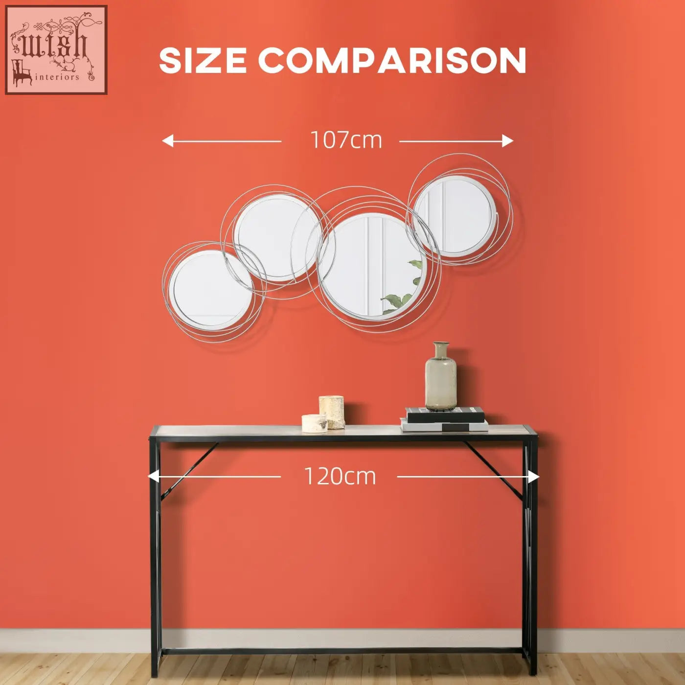 Set of five overlapping silver metal circular mirrors with white frames wall art for living room with hanging kit