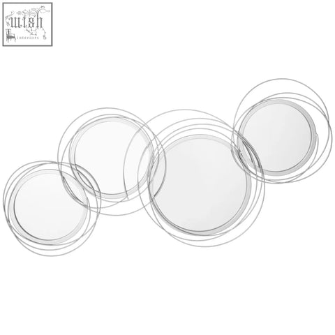 Clear circular glass plates with silver metal rims in modern homcom wall art for living room with hanging kit