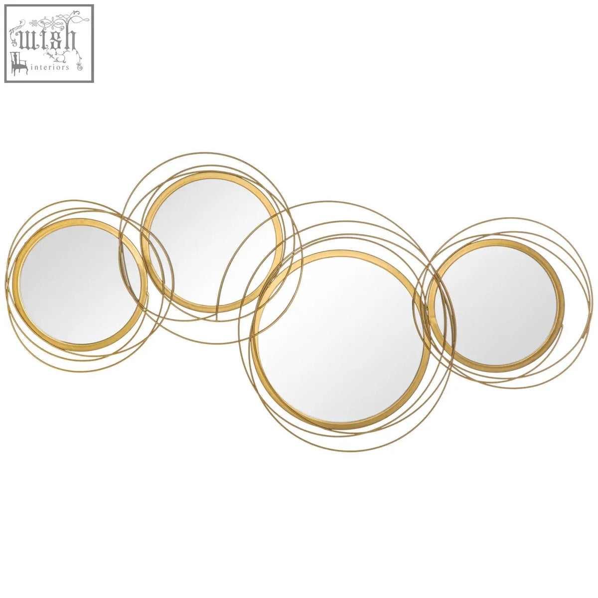 Gold tone metal wall art with overlapping circular mirrors and wireframe design includes hanging kit for home decor