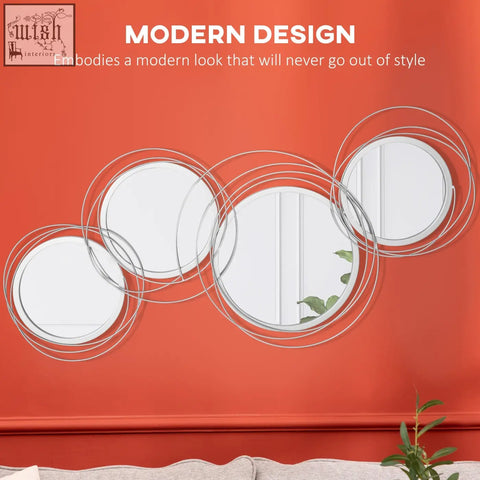 Modern circular silver metal wall art with overlapping chrome wire frames and hanging kit for living room decor