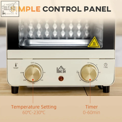 Cream white homcom mini oven with crumb tray baking tray gold dials and adjustable temperature settings