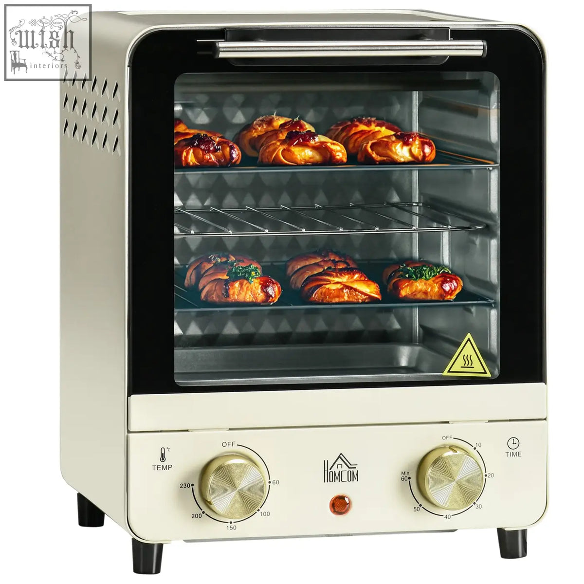 Cream white homcom mini oven with glass door, two dials, baking tray, crumb tray, and 15 litre capacity