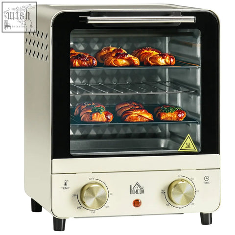Cream white homcom mini oven with glass door, two dials, baking tray, crumb tray, and 15 litre capacity