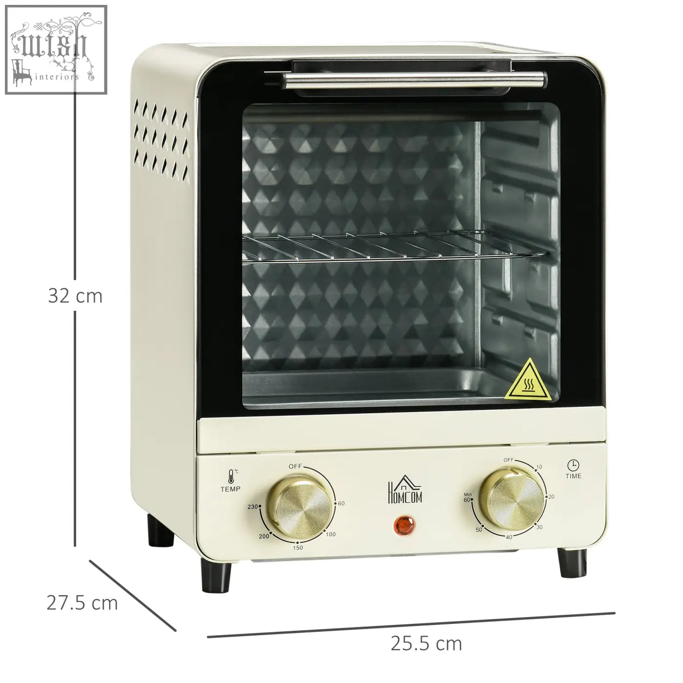 Cream white homcom mini oven with crumb tray baking tray stainless steel interior and gold-toned dials