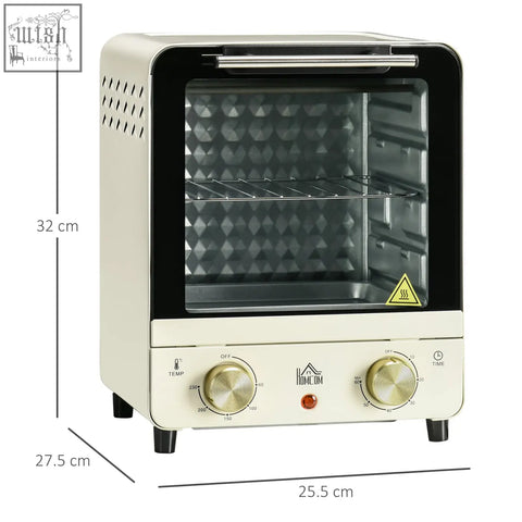 Cream white homcom mini oven with crumb tray baking tray stainless steel interior and gold-toned dials