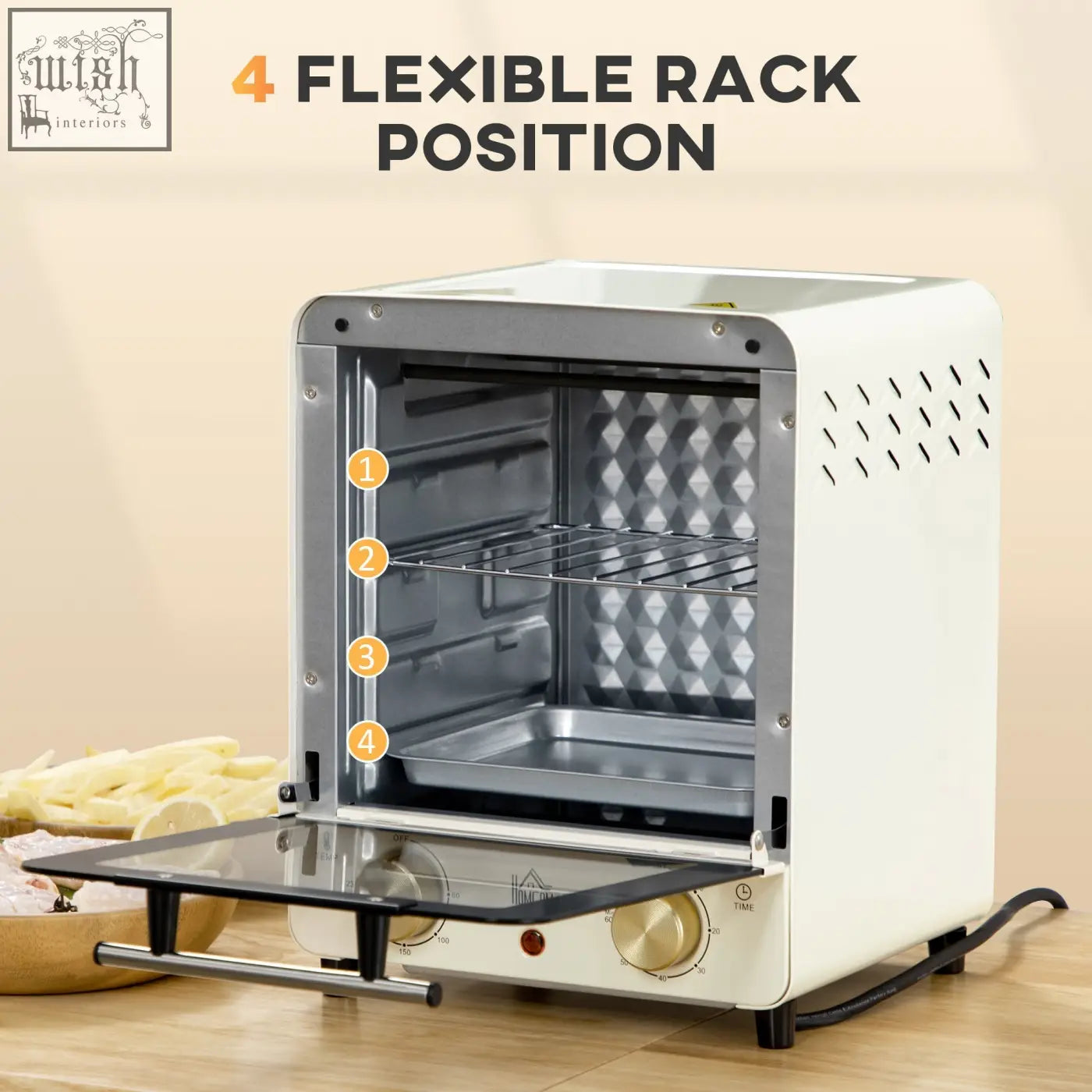 Cream white homcom mini oven with glass door includes crumb tray baking tray silver interior racks and side vents