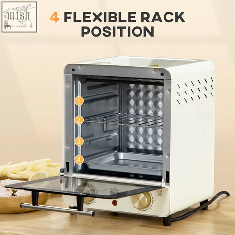 Cream white homcom mini oven with glass door includes crumb tray baking tray silver interior racks and side vents