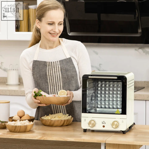 Cream white homcom mini oven with crumb tray baking tray black glass door and metallic interior rack