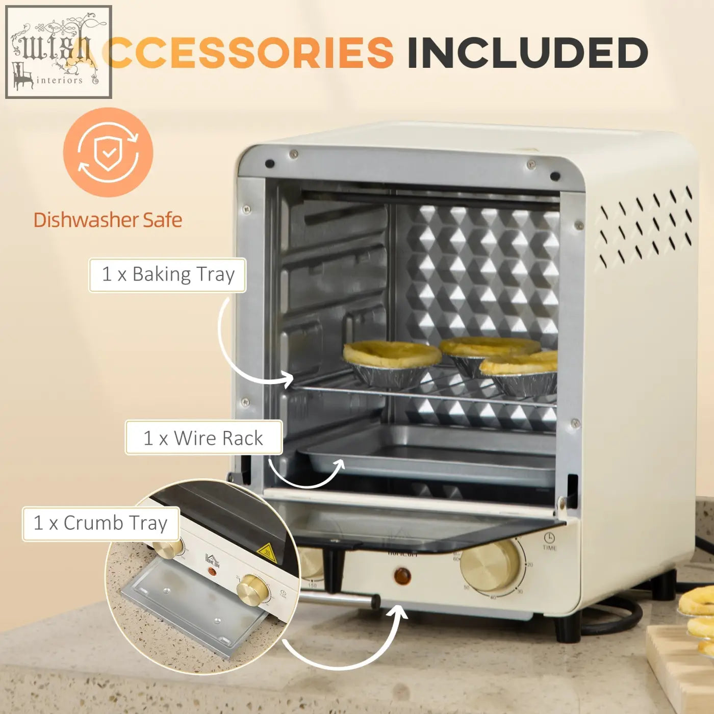 Cream white homcom mini oven with silver diamond-patterned interior includes baking tray crumb tray and wire rack