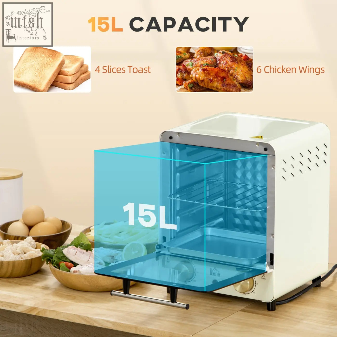 Cream white homcom mini oven with 15l capacity glass door crumb tray baking tray and 60-230 degree adjustable temp