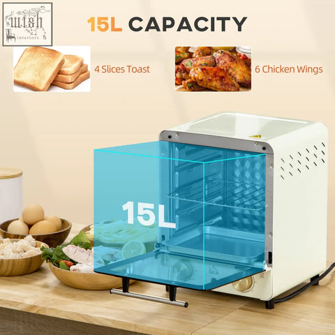 Cream white homcom mini oven with 15l capacity glass door crumb tray baking tray and 60-230 degree adjustable temp