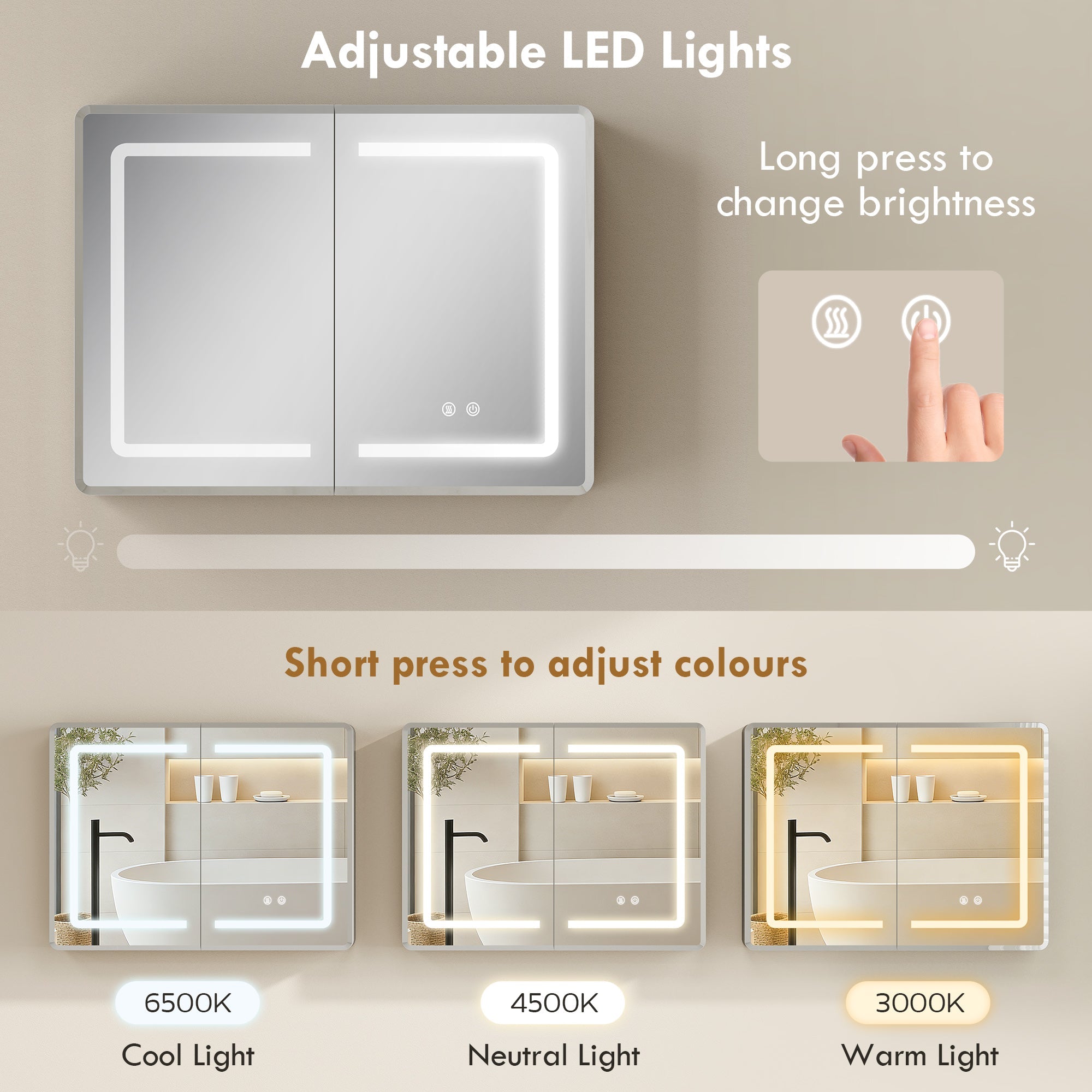 Modern silver-framed bathroom mirror cabinet with led lights, adjustable brightness, 3 color settings, and tempered glass